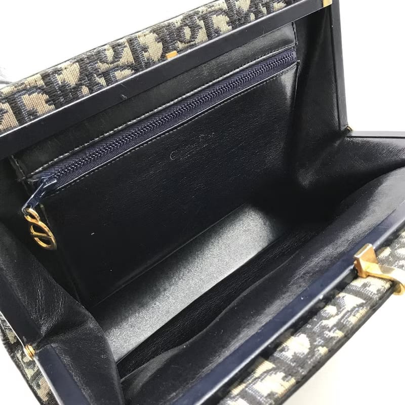 Dior dark blue old flower Kelly mouth gold antique shoulder bag / side backpack