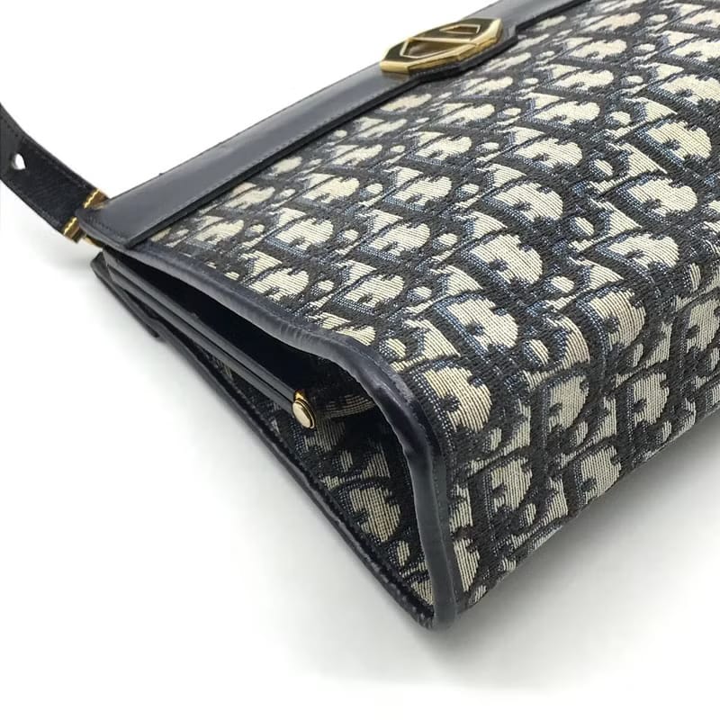 Dior dark blue old flower Kelly mouth gold antique shoulder bag / side backpack
