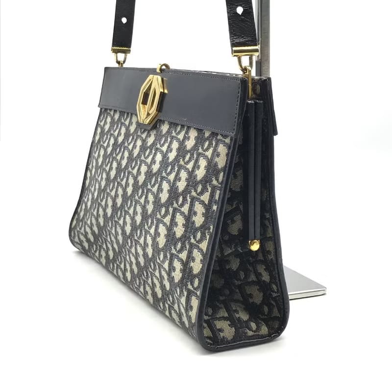 Dior dark blue old flower Kelly mouth gold antique shoulder bag / side backpack