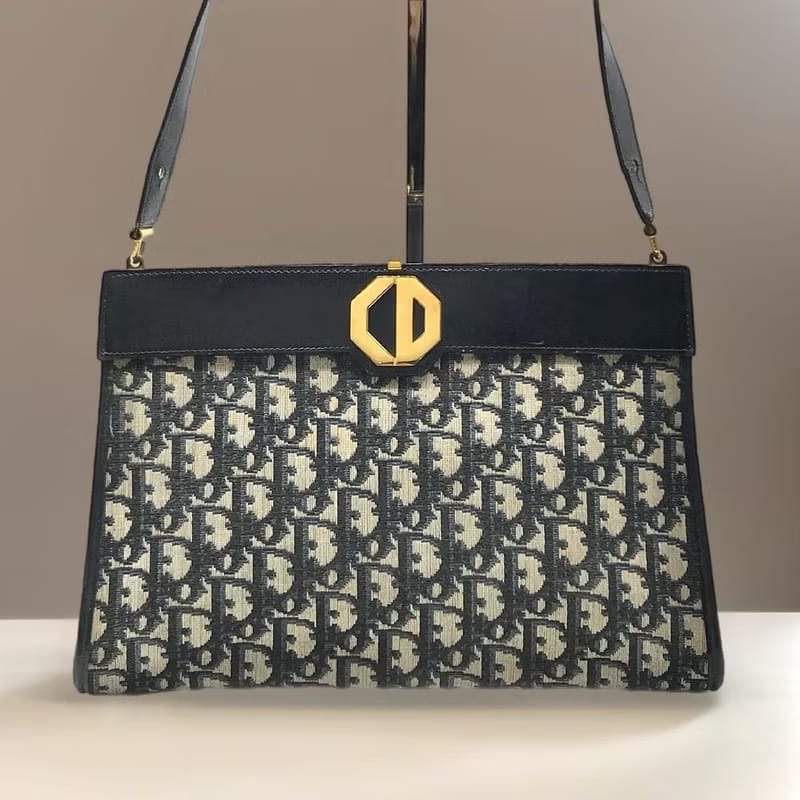 Dior深藍色老花凱莉口金古董單肩包/側背包