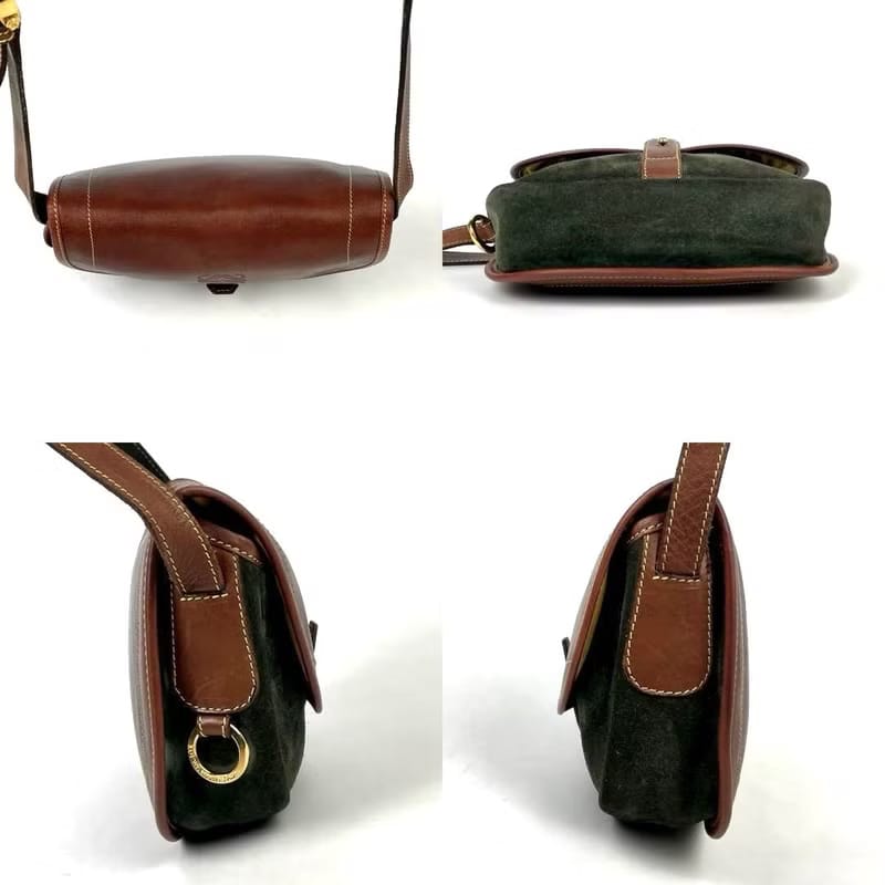 稀有中古二手Loewe咖啡色拼綠色馬鞍側背包/斜背包/單肩包