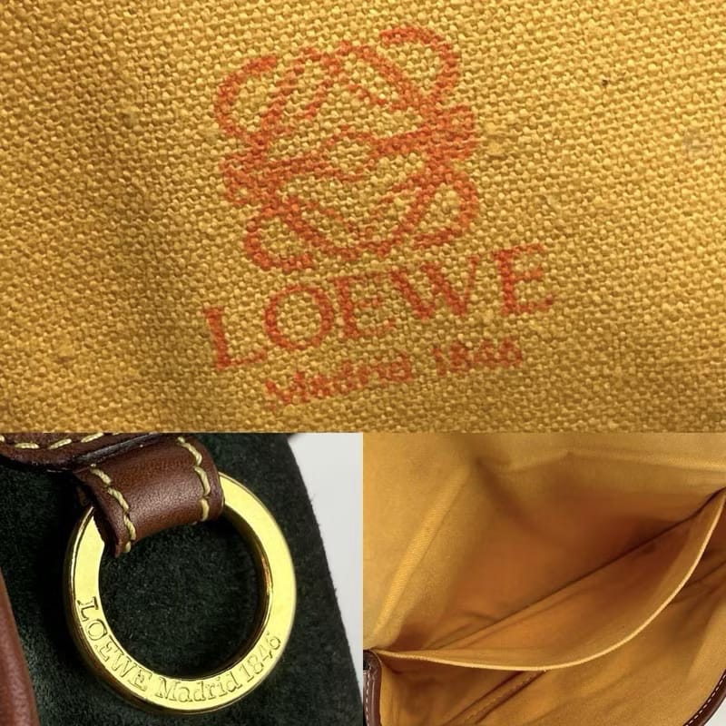 稀有中古二手Loewe咖啡色拼綠色馬鞍側背包/斜背包/單肩包