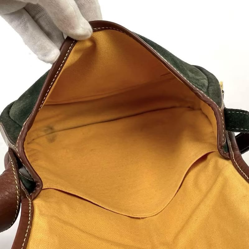 稀有中古二手Loewe咖啡色拼綠色馬鞍側背包/斜背包/單肩包