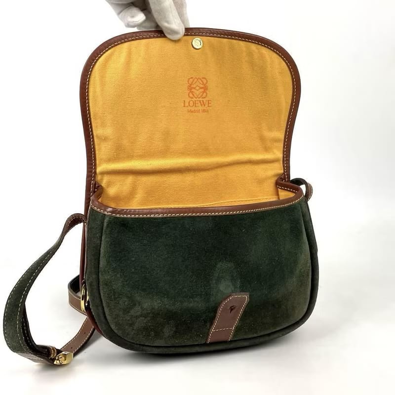 稀有中古二手Loewe咖啡色拼綠色馬鞍側背包/斜背包/單肩包