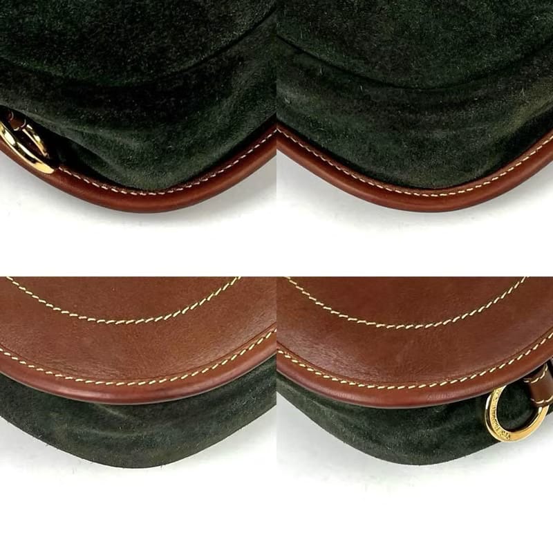 稀有中古二手Loewe咖啡色拼綠色馬鞍側背包/斜背包/單肩包