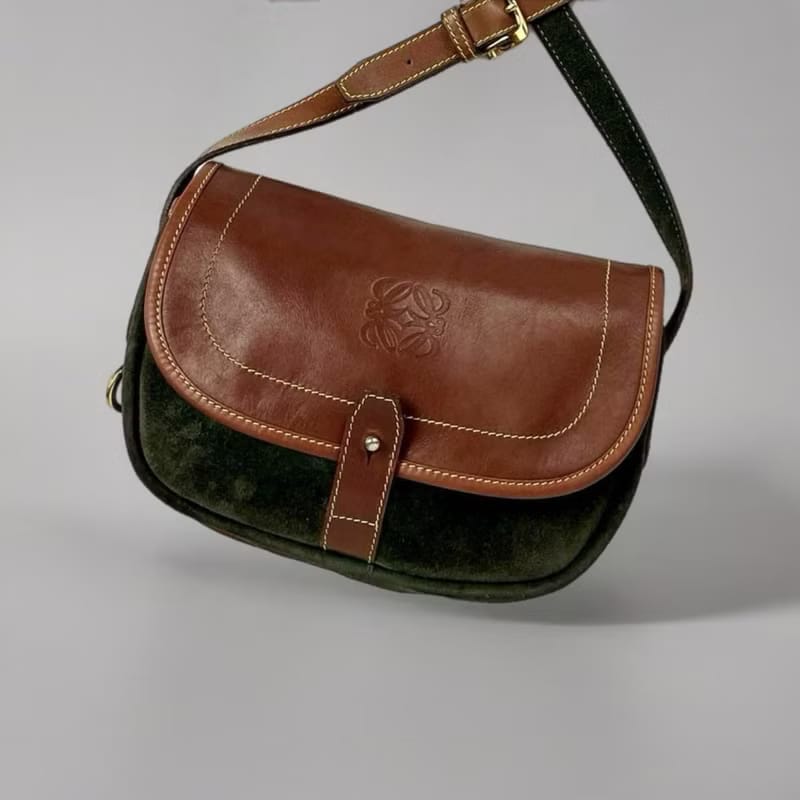 稀有中古二手Loewe咖啡色拼綠色馬鞍側背包/斜背包/單肩包