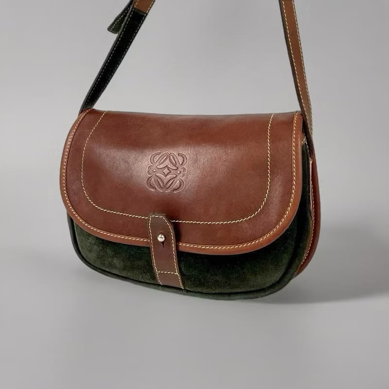 稀有中古二手Loewe咖啡色拼綠色馬鞍側背包/斜背包/單肩包