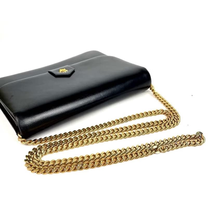 中古二手Dior黑色金扣皮革兩用金鏈子腋下小古董單肩包/側背包