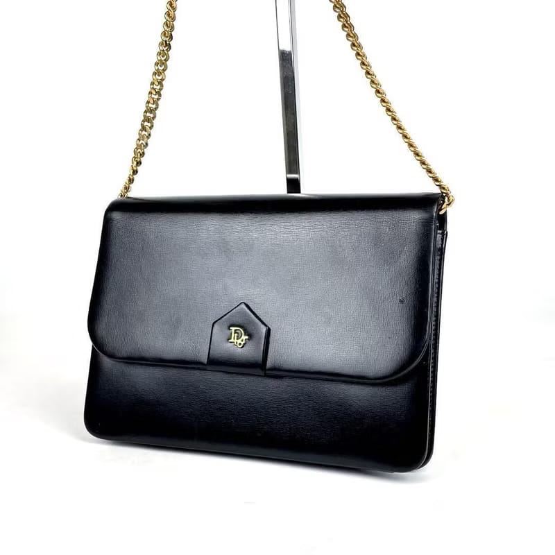 中古二手Dior黑色金扣皮革兩用金鏈子腋下小古董單肩包/側背包