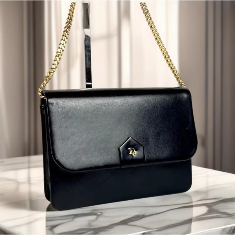 中古二手Dior黑色金扣皮革兩用金鏈子腋下小古董單肩包/側背包