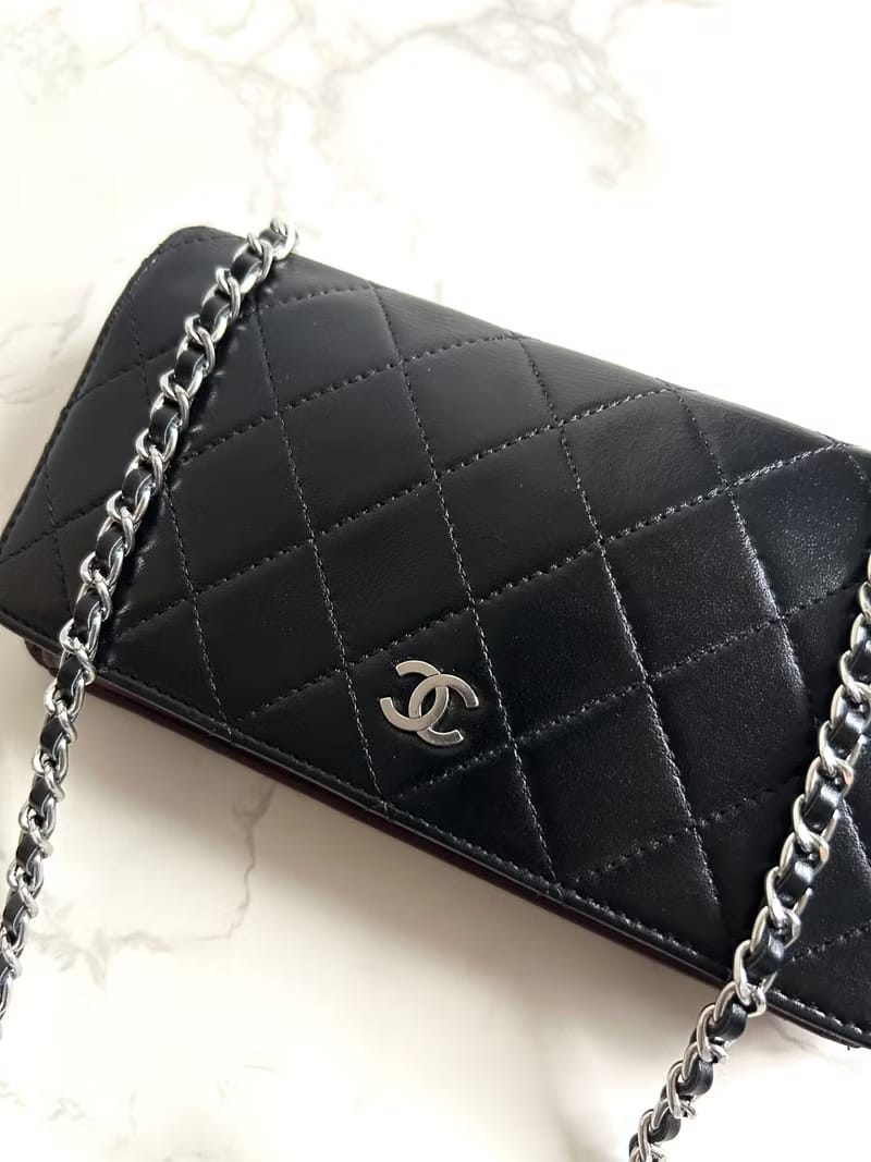 中古二手Chanel黑色皮革WOC長夾錢包斜背包/側背包/單肩包