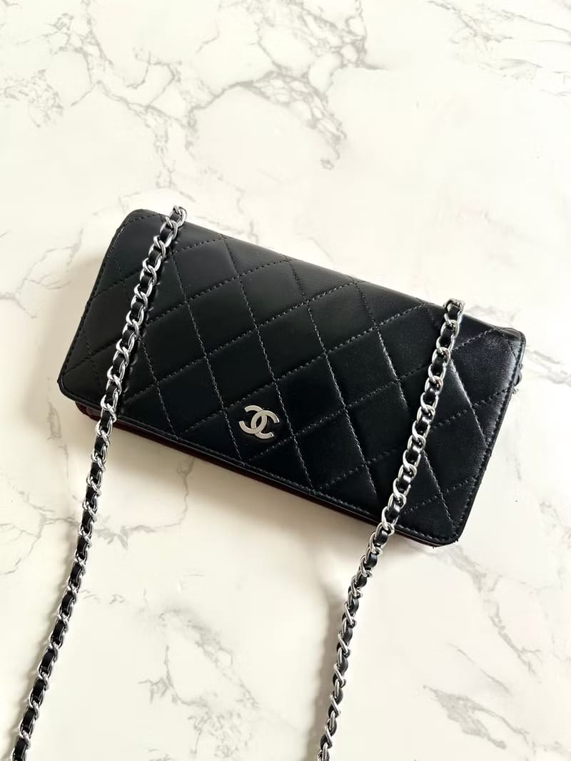 中古二手Chanel黑色皮革WOC長夾錢包斜背包/側背包/單肩包