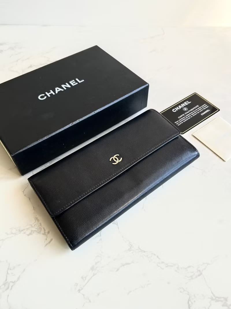 Chanel Black Caviar Leather Long Wallet/Wallet/Purse