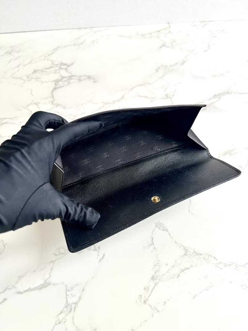 Chanel黑藍色皮革拼色長夾/皮夾錢包