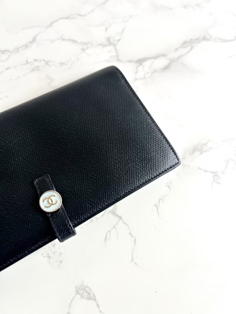 Chanel黑藍色皮革拼色長夾/皮夾錢包