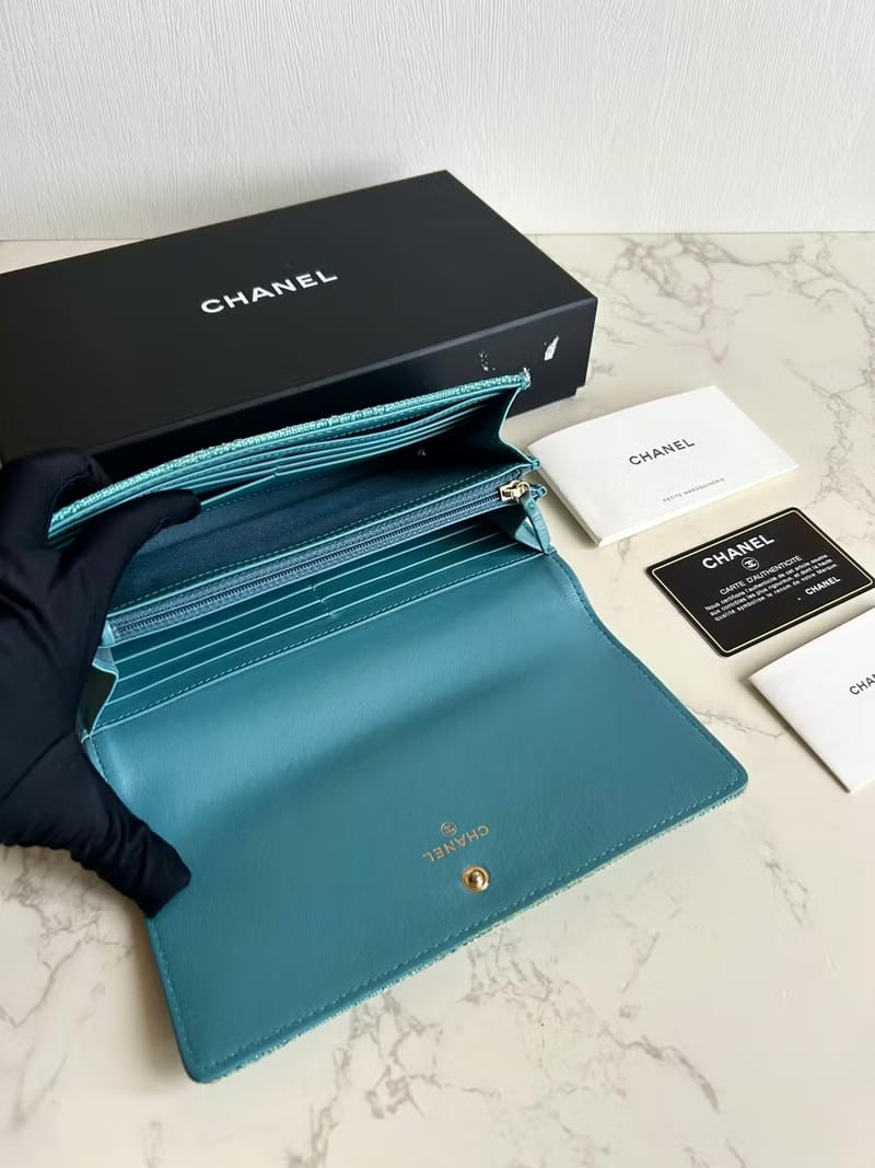 [Full Set] Chanel Deauville Tweed Aqua Blue-Green Wallet/Long Wallet