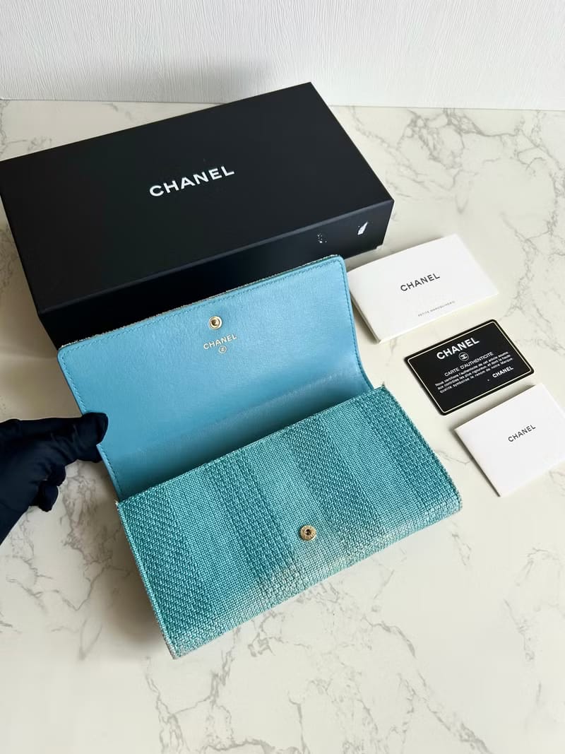 [Full Set] Chanel Deauville Tweed Aqua Blue-Green Wallet/Long Wallet