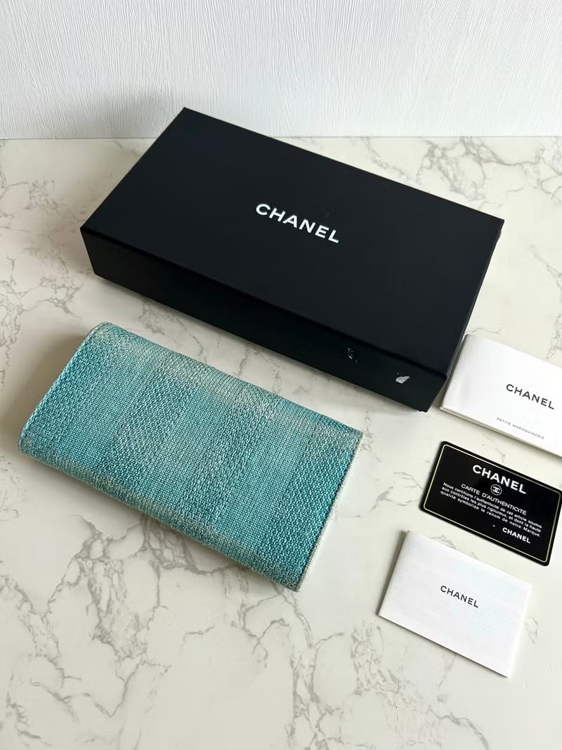 [Full Set] Chanel Deauville Tweed Aqua Blue-Green Wallet/Long Wallet