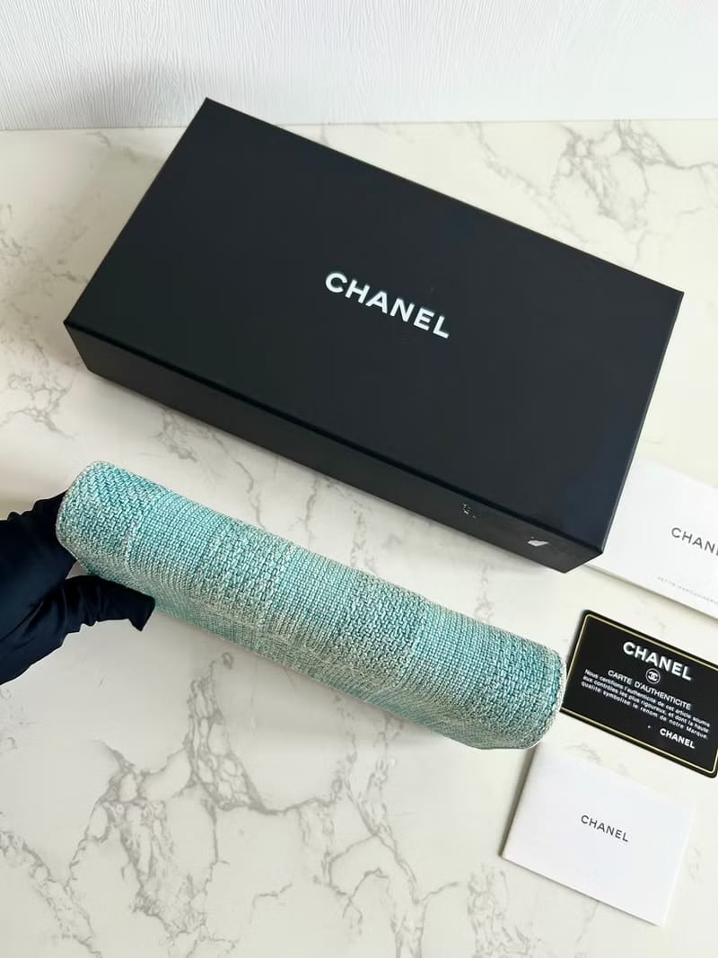 [Full Set] Chanel Deauville Tweed Aqua Blue-Green Wallet/Long Wallet