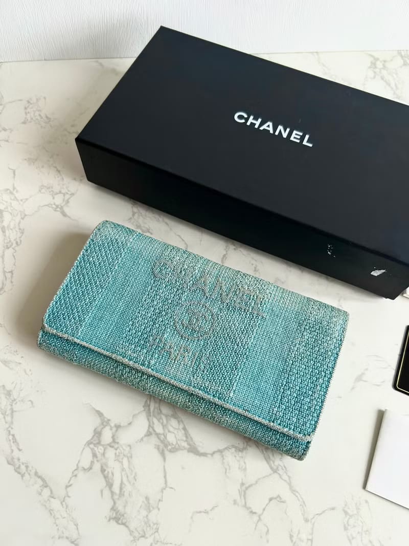 [Full Set] Chanel Deauville Tweed Aqua Blue-Green Wallet/Long Wallet