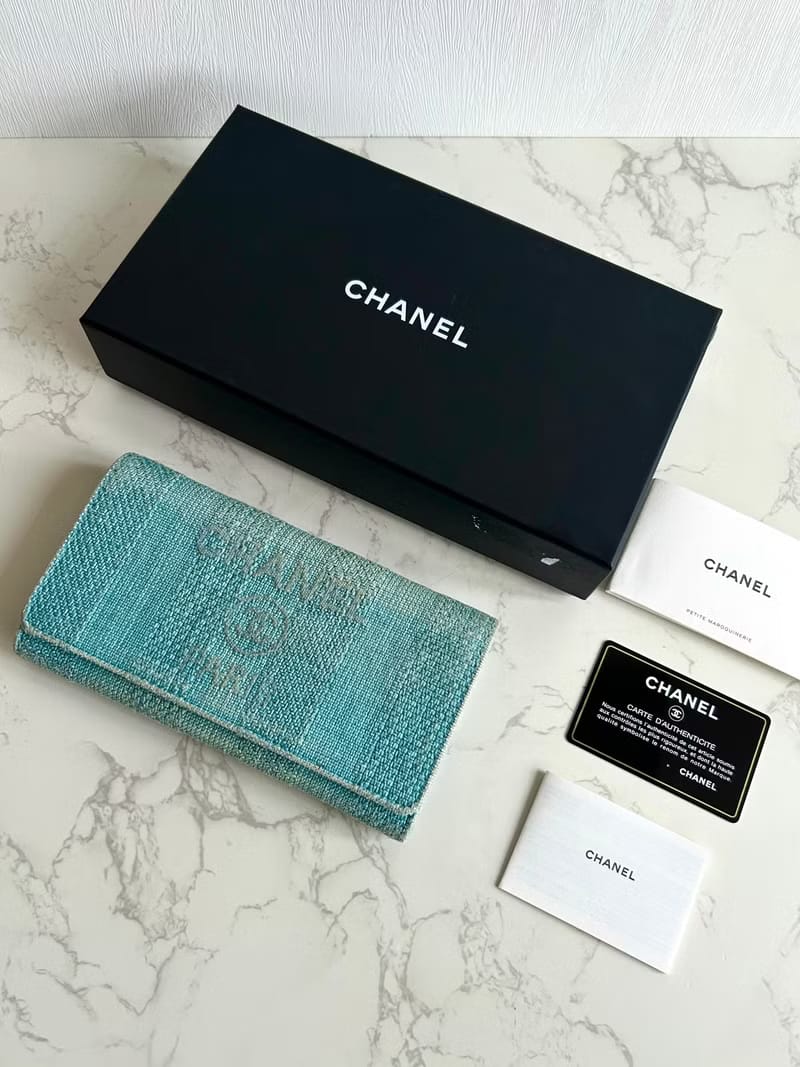 [Full Set] Chanel Deauville Tweed Aqua Blue-Green Wallet/Long Wallet