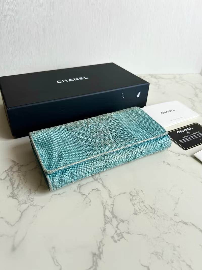 [Full Set] Chanel Deauville Tweed Aqua Blue-Green Wallet/Long Wallet