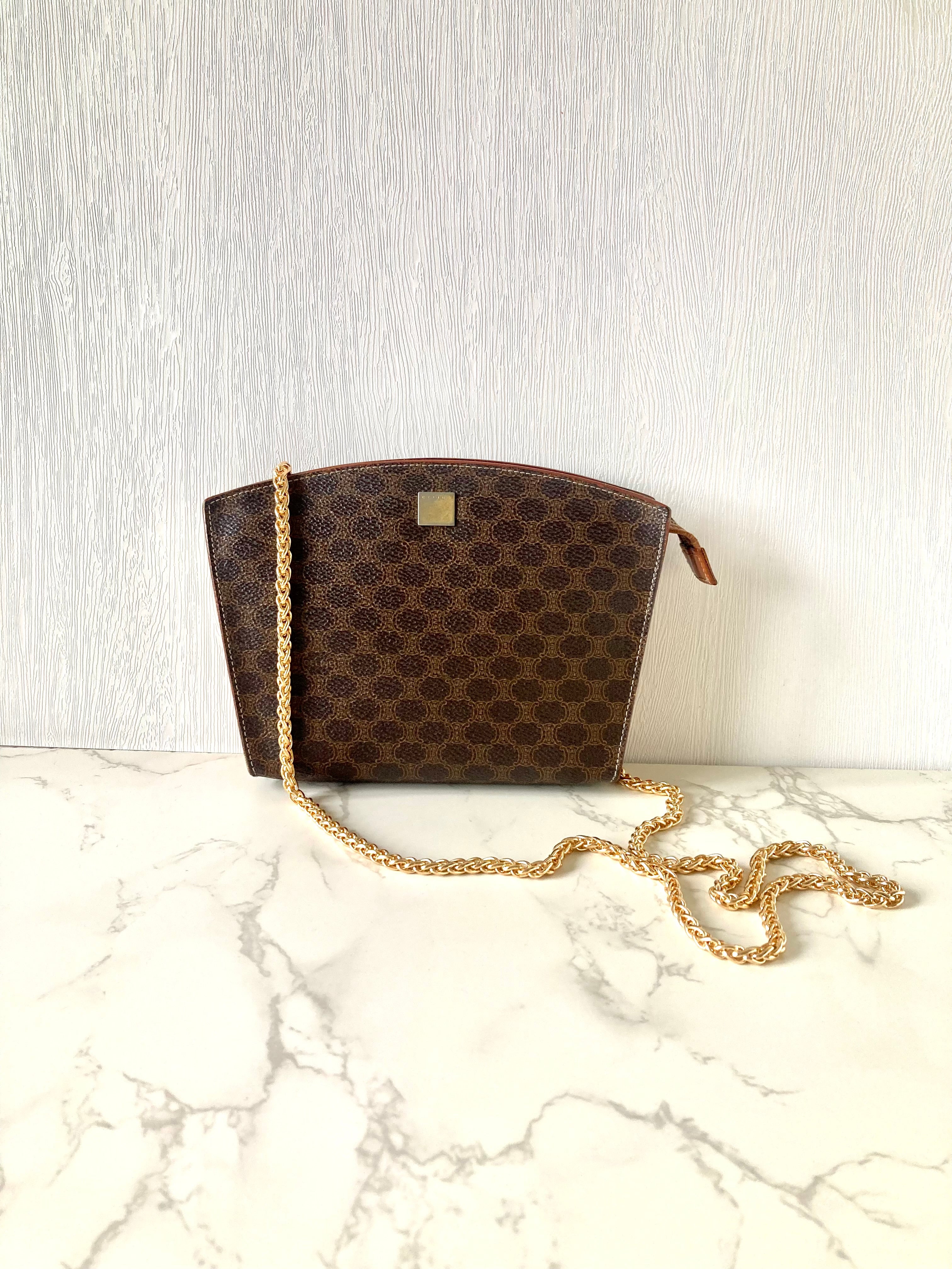 CELINE rare shell-shaped coffee-colored old flower small bag/side backpack