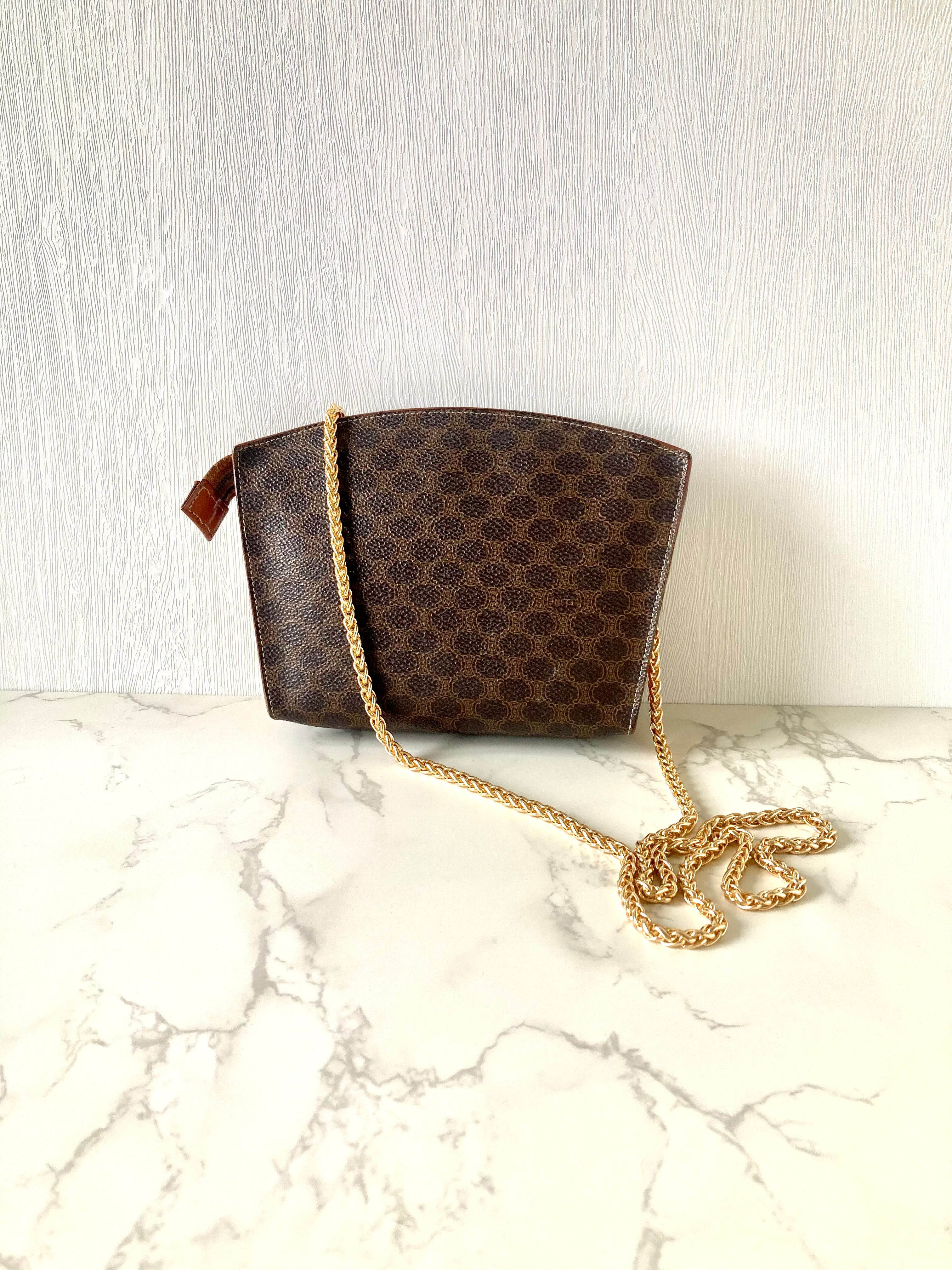 CELINE rare shell-shaped coffee-colored old flower small bag/side backpack