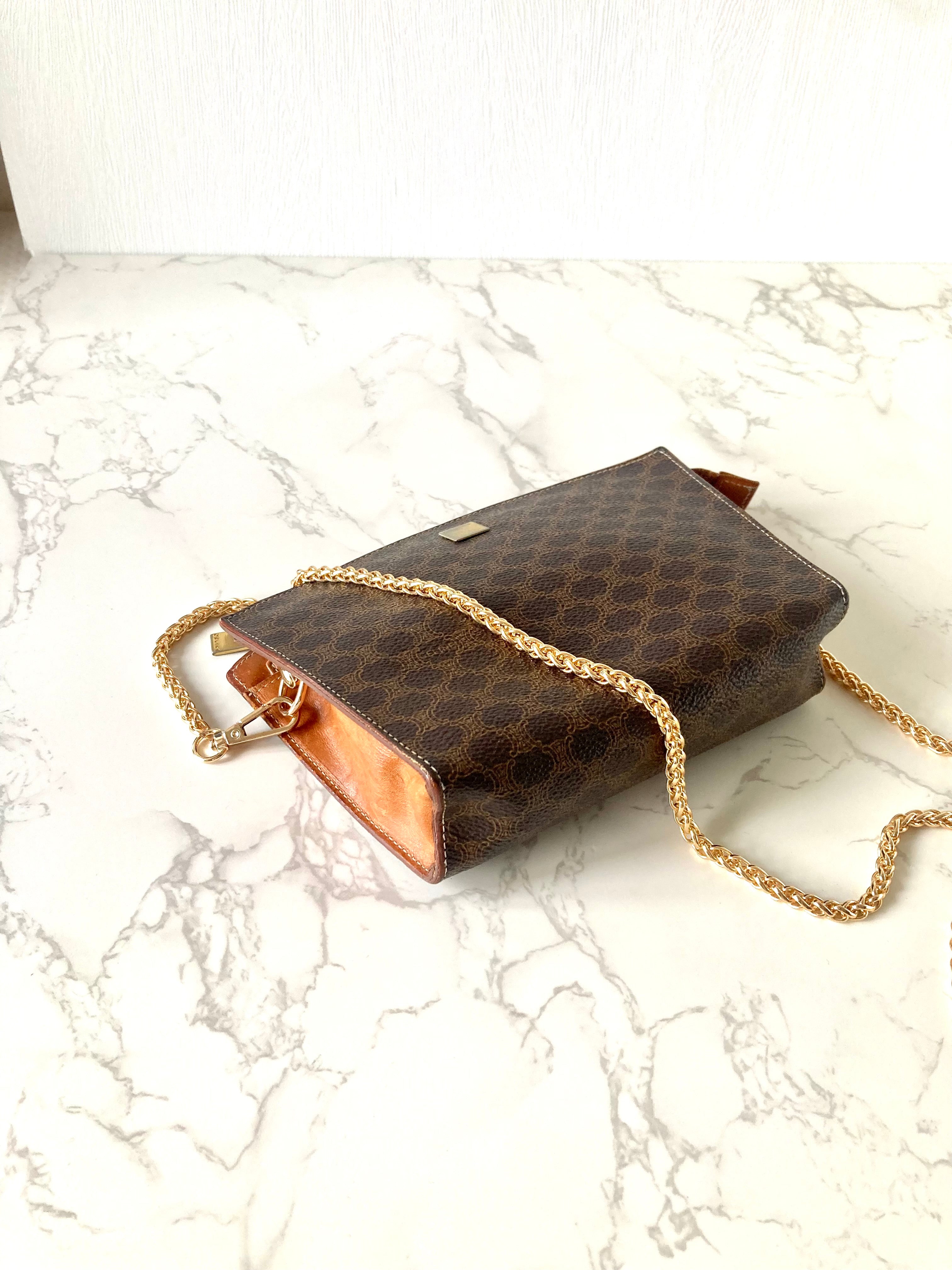 CELINE rare shell-shaped coffee-colored old flower small bag/side backpack