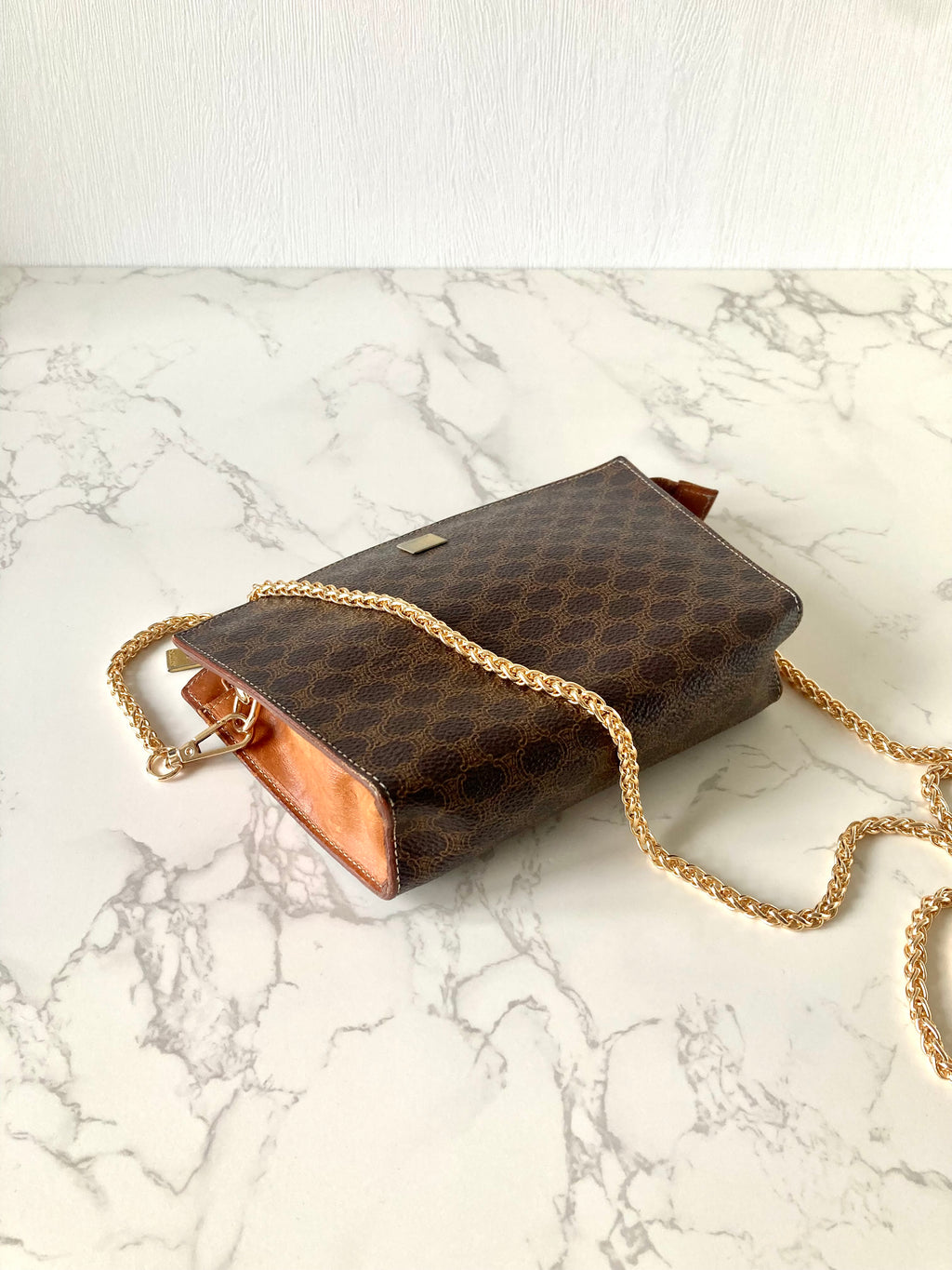 CELINE 稀有貝殼型咖啡色老花小包/側背包