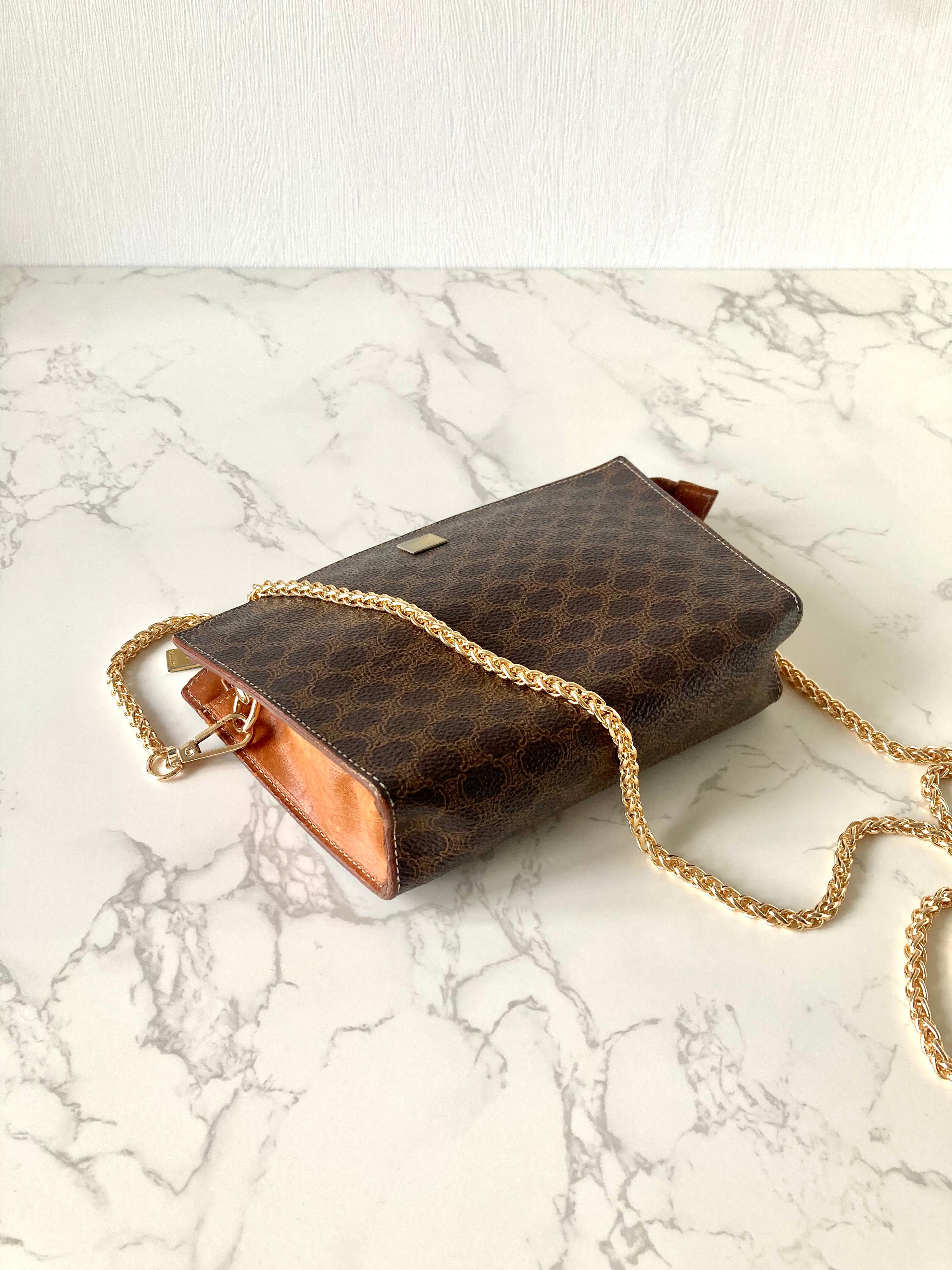 CELINE rare shell-shaped coffee-colored old flower small bag/side backpack