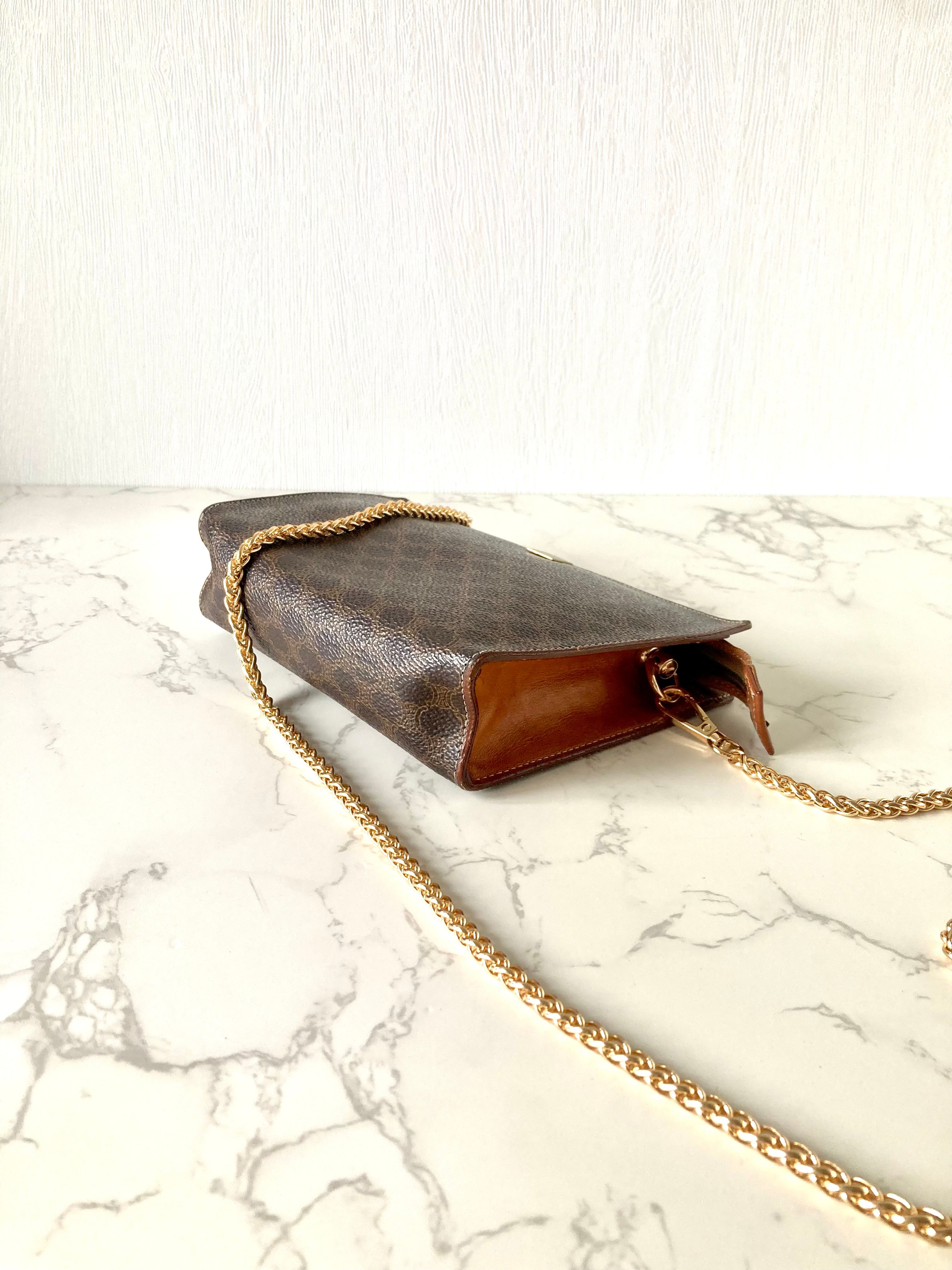 CELINE rare shell-shaped coffee-colored old flower small bag/side backpack