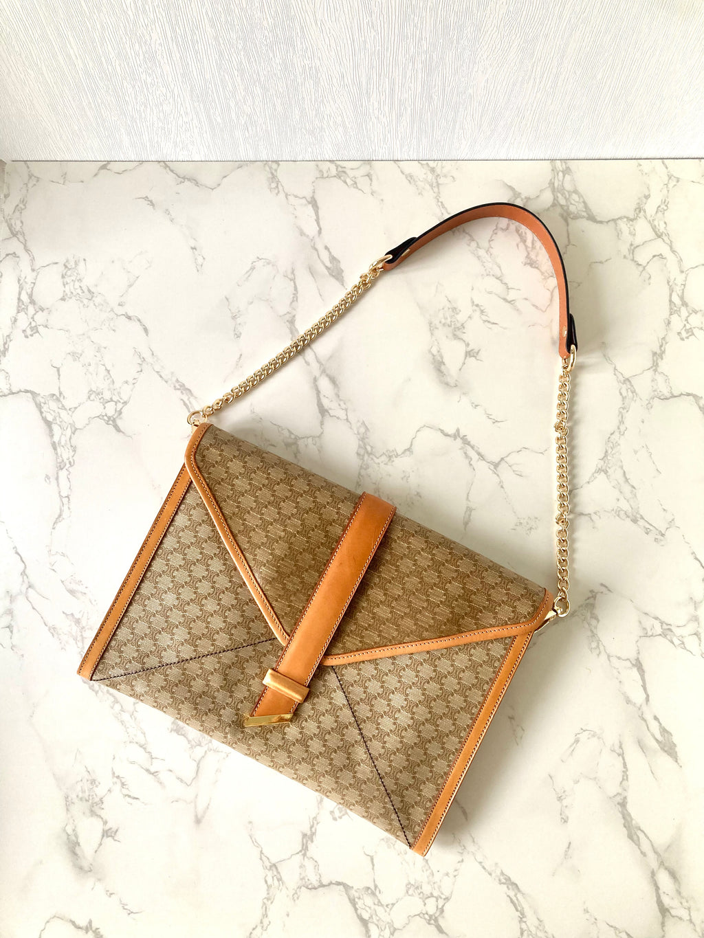 CELINE Beige Monogram Macadam Envelope Two-way Shoulder or Crossbody Bag / Clutch