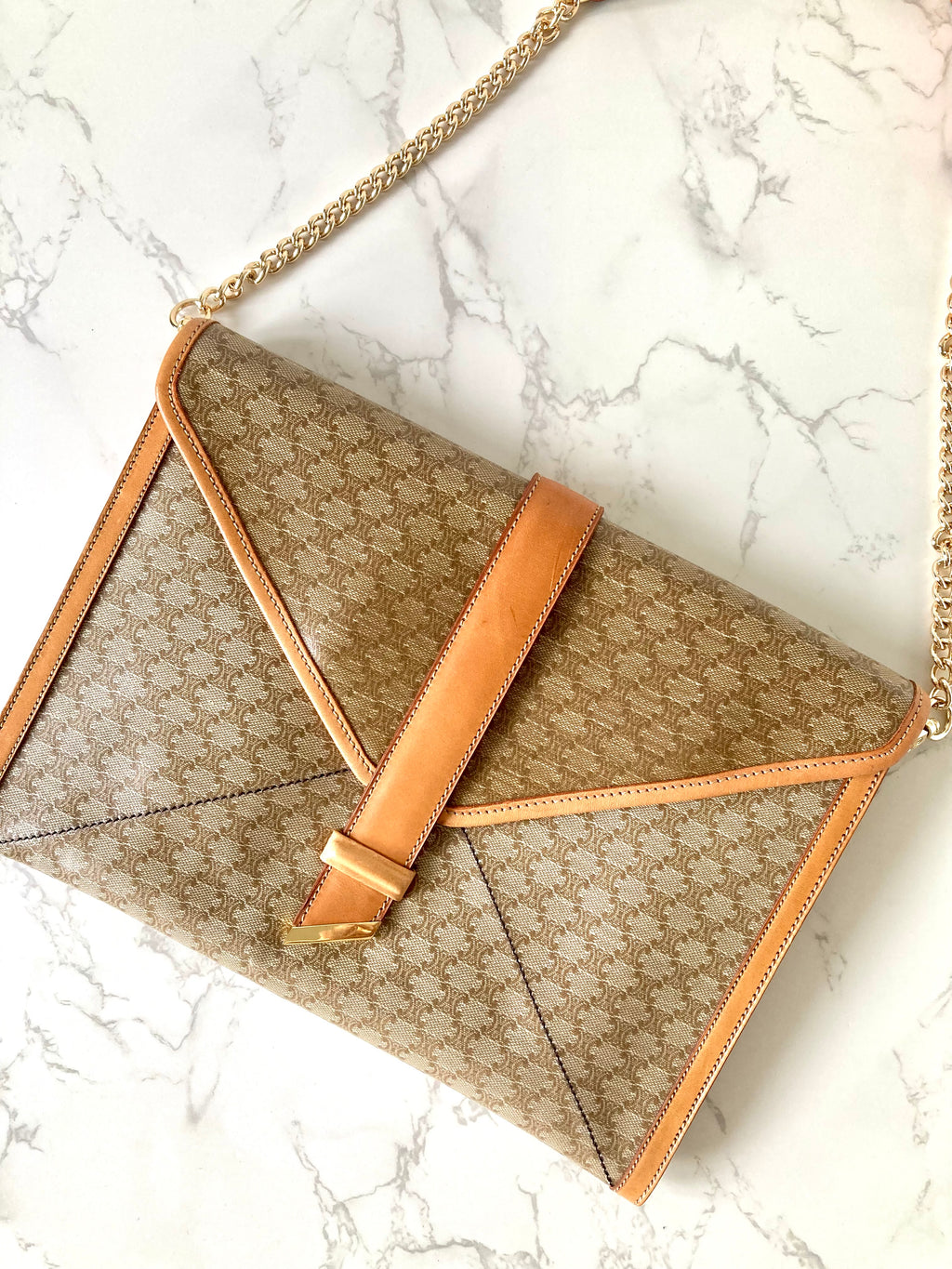 CELINE Beige Monogram Macadam Envelope Two-way Shoulder or Crossbody Bag / Clutch