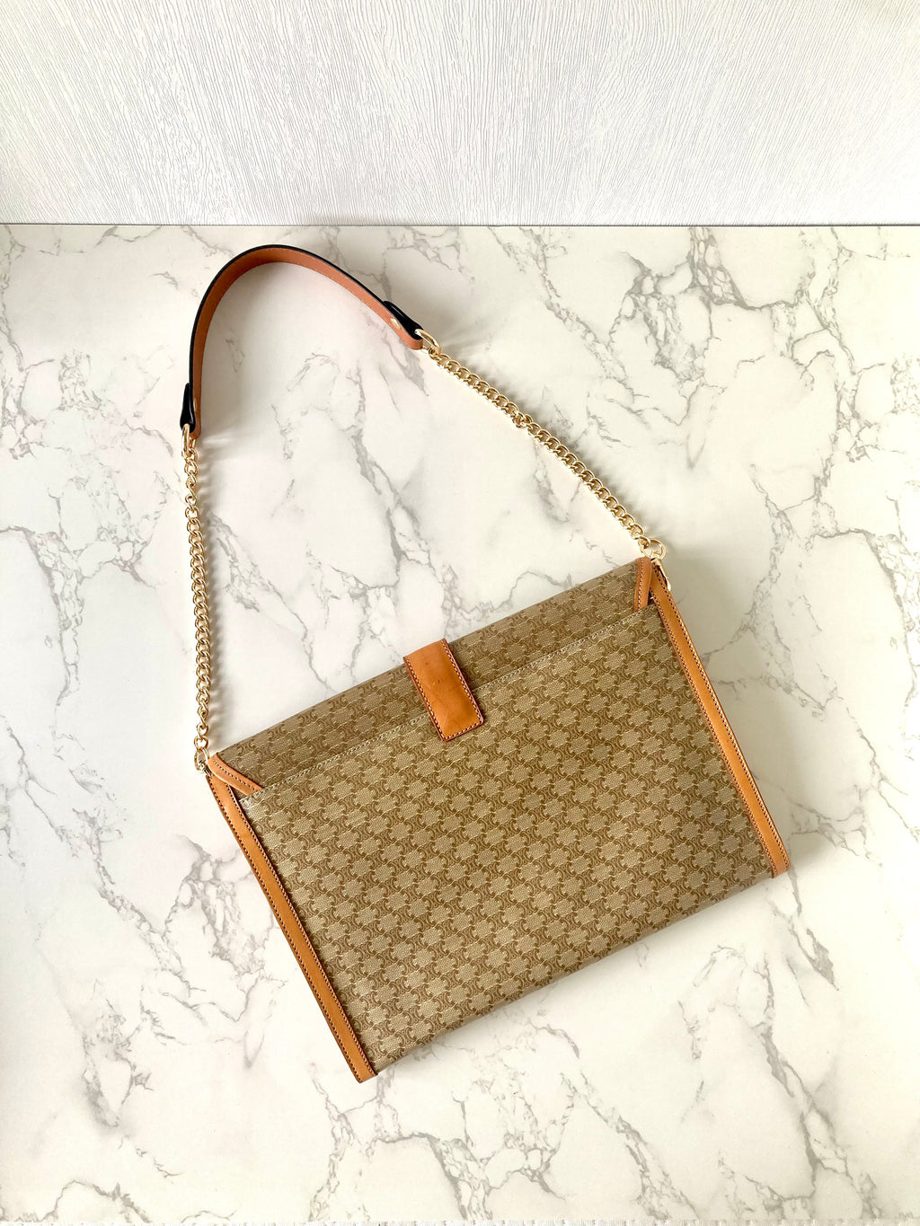 CELINE Beige Monogram Macadam Envelope Two-way Shoulder or Crossbody Bag / Clutch