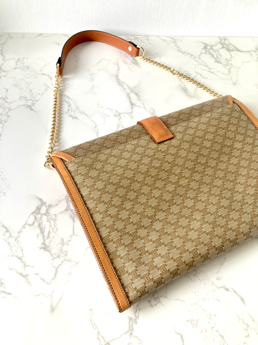 CELINE Beige Monogram Macadam Envelope Two-way Shoulder or Crossbody Bag / Clutch