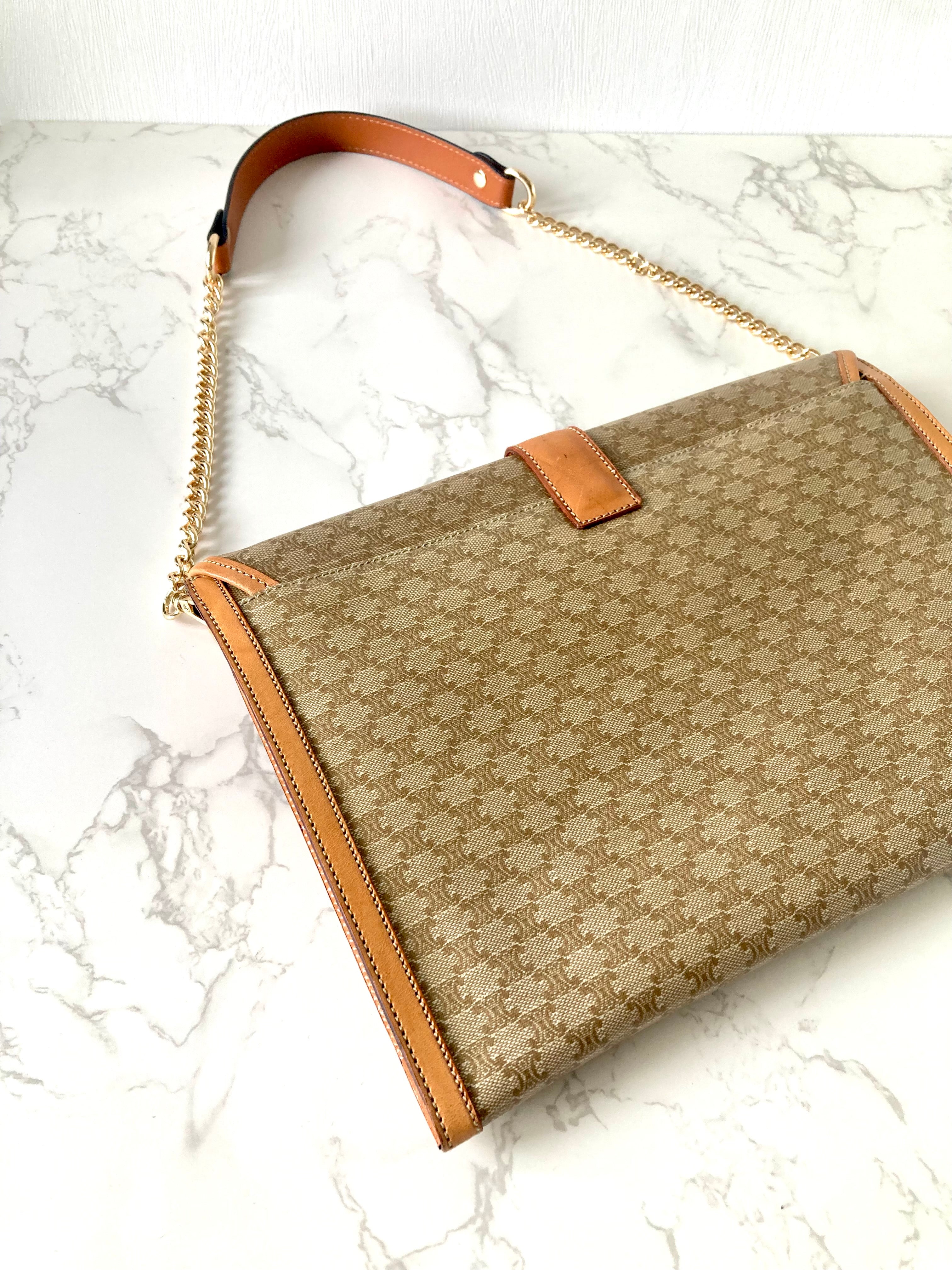 CELINE Beige Monogram Macadam Envelope Two-way Shoulder or Crossbody Bag / Clutch