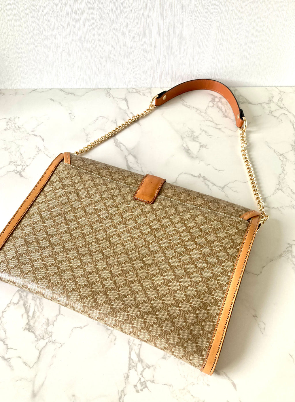 CELINE Beige Monogram Macadam Envelope Two-way Shoulder or Crossbody Bag / Clutch