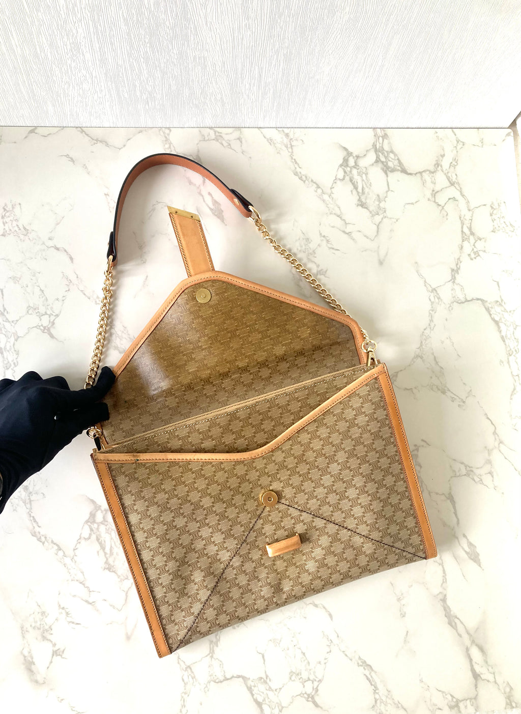 CELINE Beige Monogram Macadam Envelope Two-way Shoulder or Crossbody Bag / Clutch