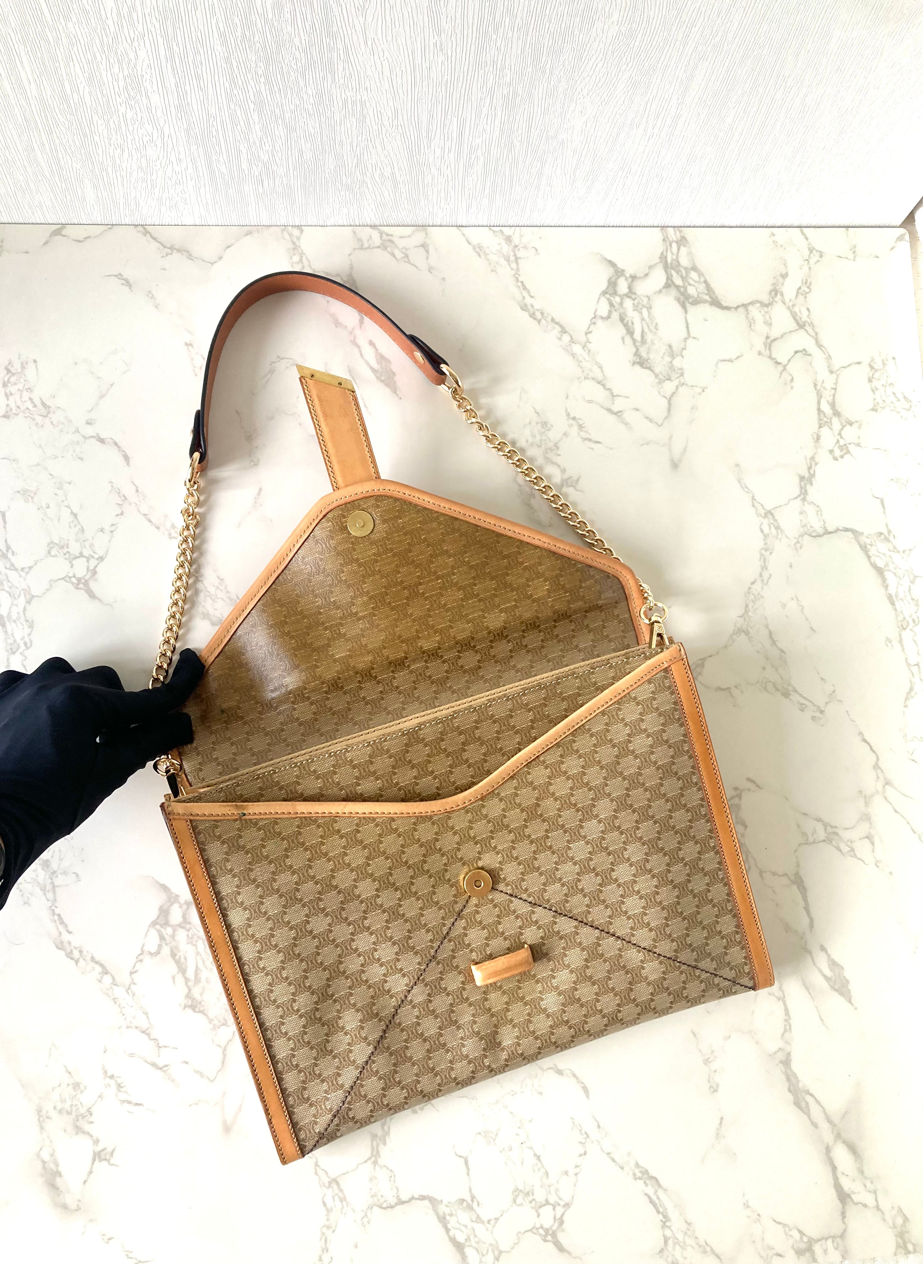 CELINE Beige Monogram Macadam Envelope Two-way Shoulder or Crossbody Bag / Clutch