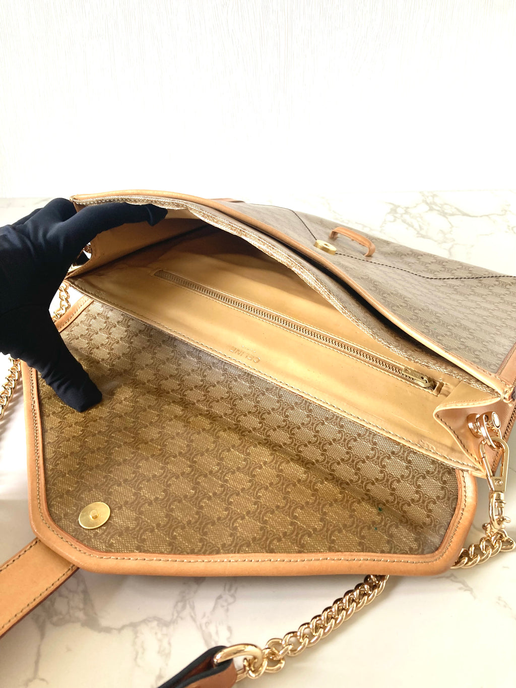 CELINE Beige Monogram Macadam Envelope Two-way Shoulder or Crossbody Bag / Clutch