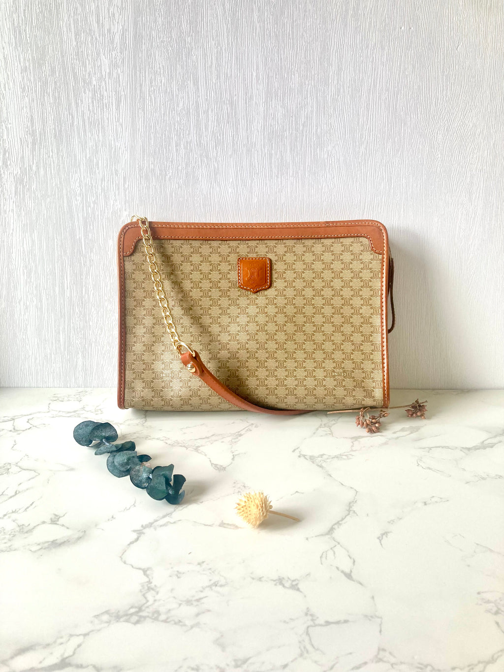 CELINE Beige Macadam Monogram Two-way Shoulder Bag / Clutch