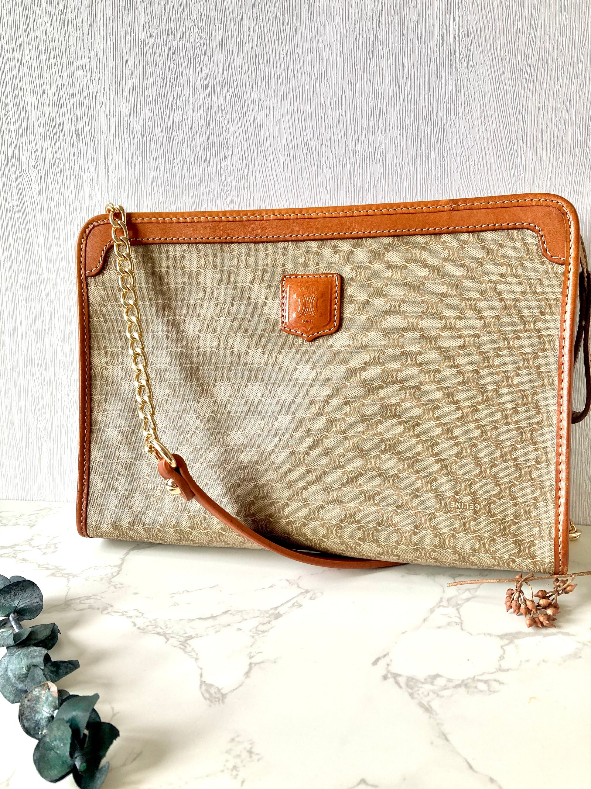 CELINE Beige Macadam Monogram Two-way Shoulder Bag / Clutch