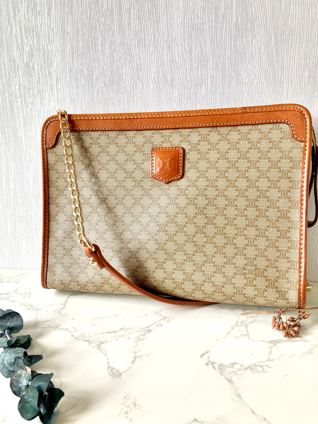 CELINE Beige Macadam Monogram Two-way Shoulder Bag / Clutch