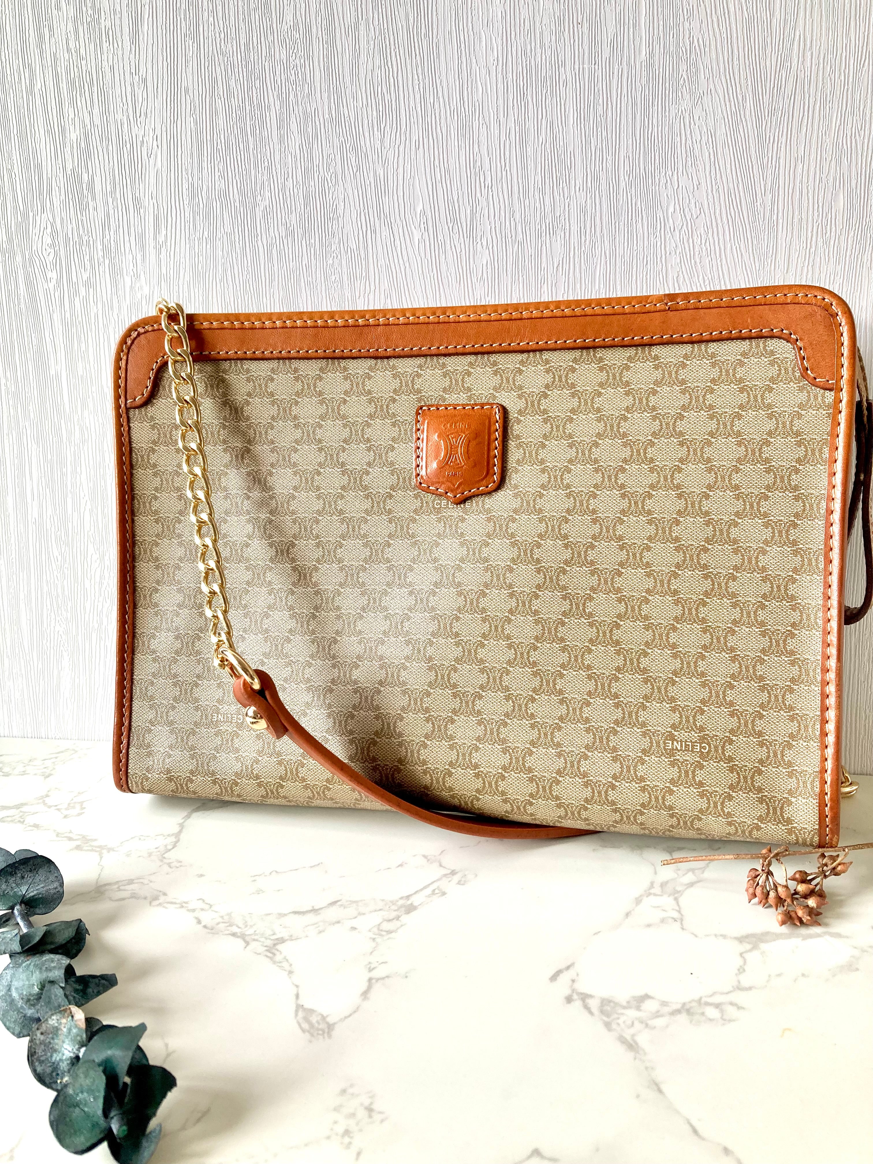 CELINE Beige Macadam Monogram Two-way Shoulder Bag / Clutch