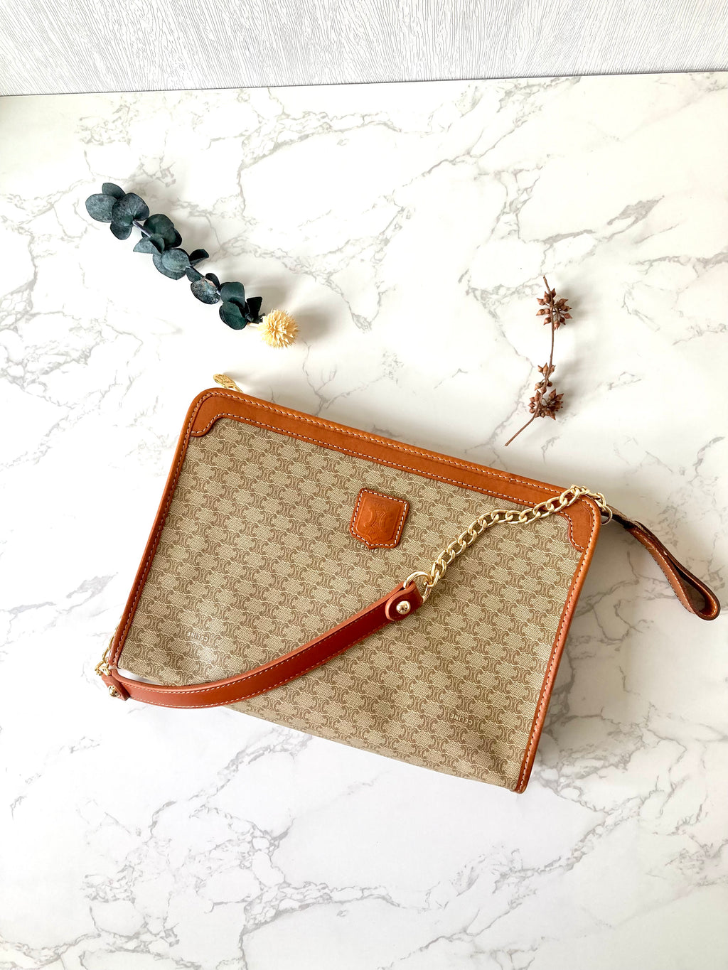 CELINE Beige Macadam Monogram Two-way Shoulder Bag / Clutch