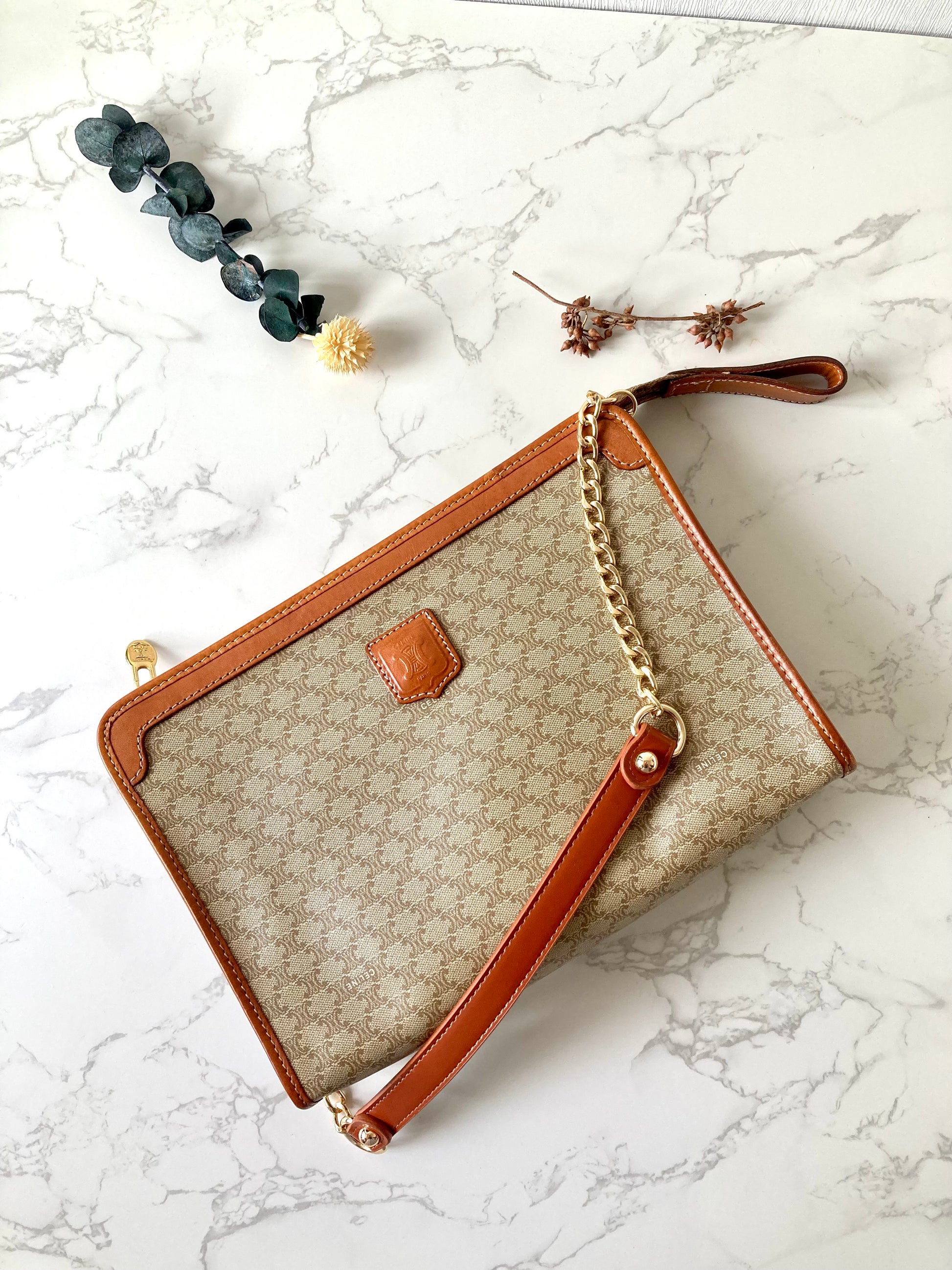 CELINE Beige Macadam Monogram Two-way Shoulder Bag / Clutch