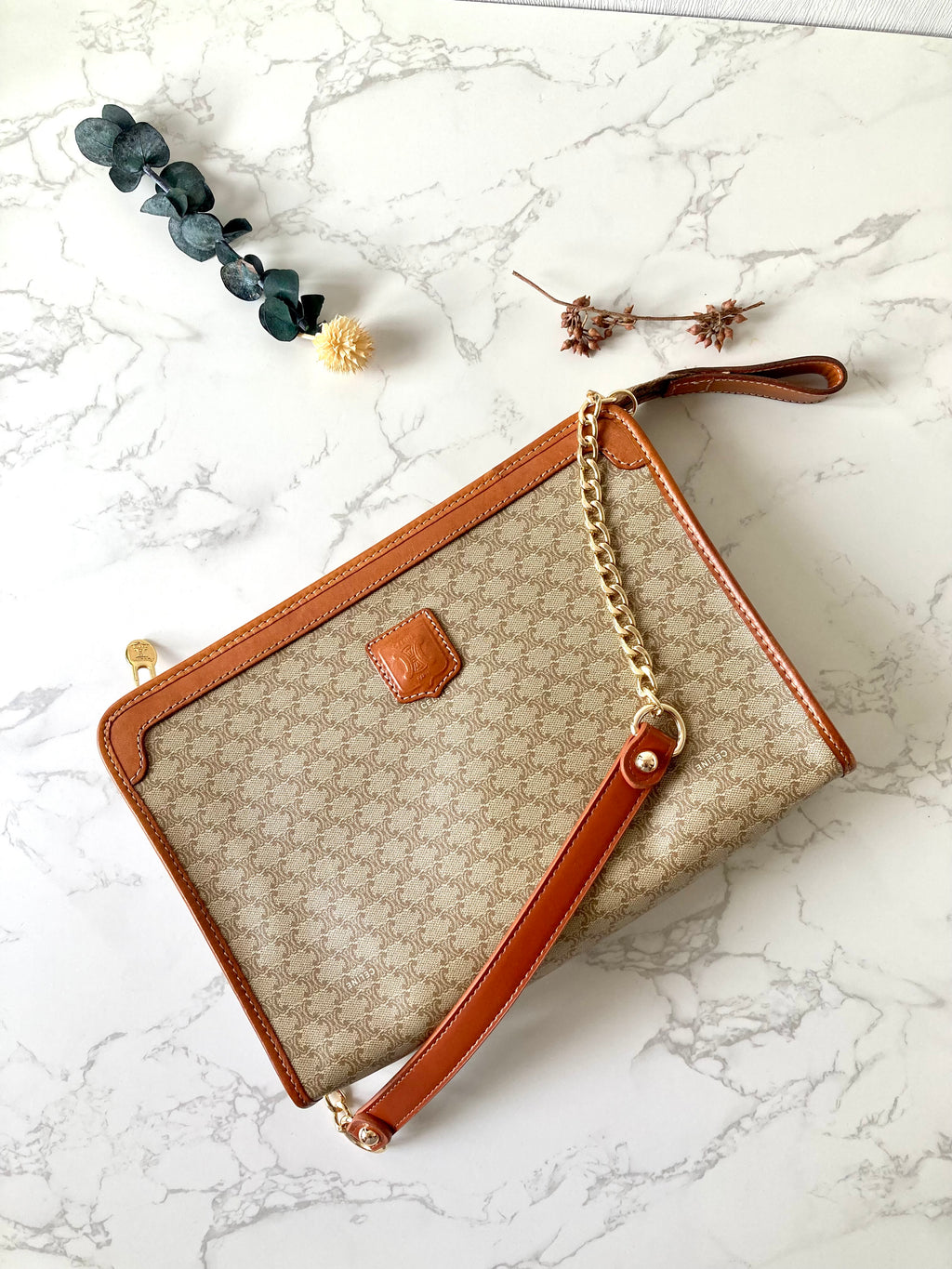 CELINE Beige Macadam Monogram Two-way Shoulder Bag / Clutch
