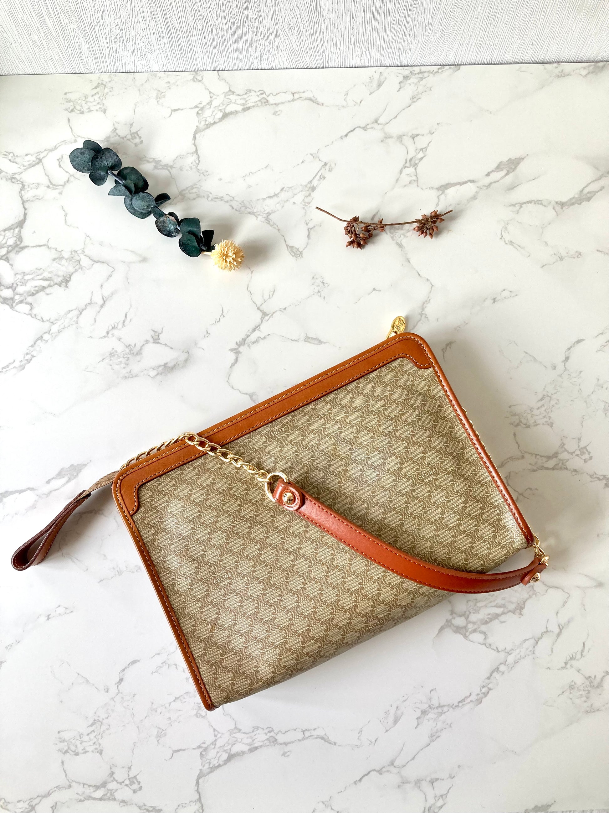 CELINE Beige Macadam Monogram Two-way Shoulder Bag / Clutch