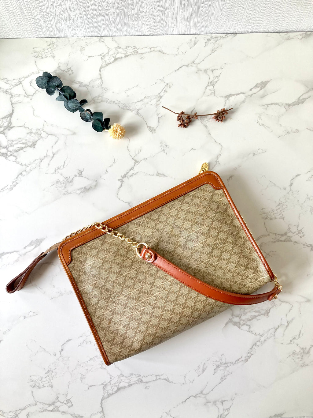 CELINE Beige Macadam Monogram Two-way Shoulder Bag / Clutch